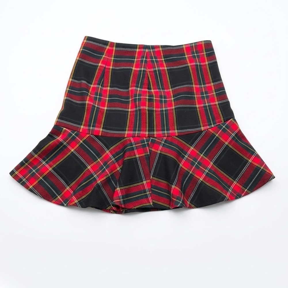 Trina Turk Size 2 Tartan Plaid Mini Skirt Ruffle Flounce Hem Red Black Yellow